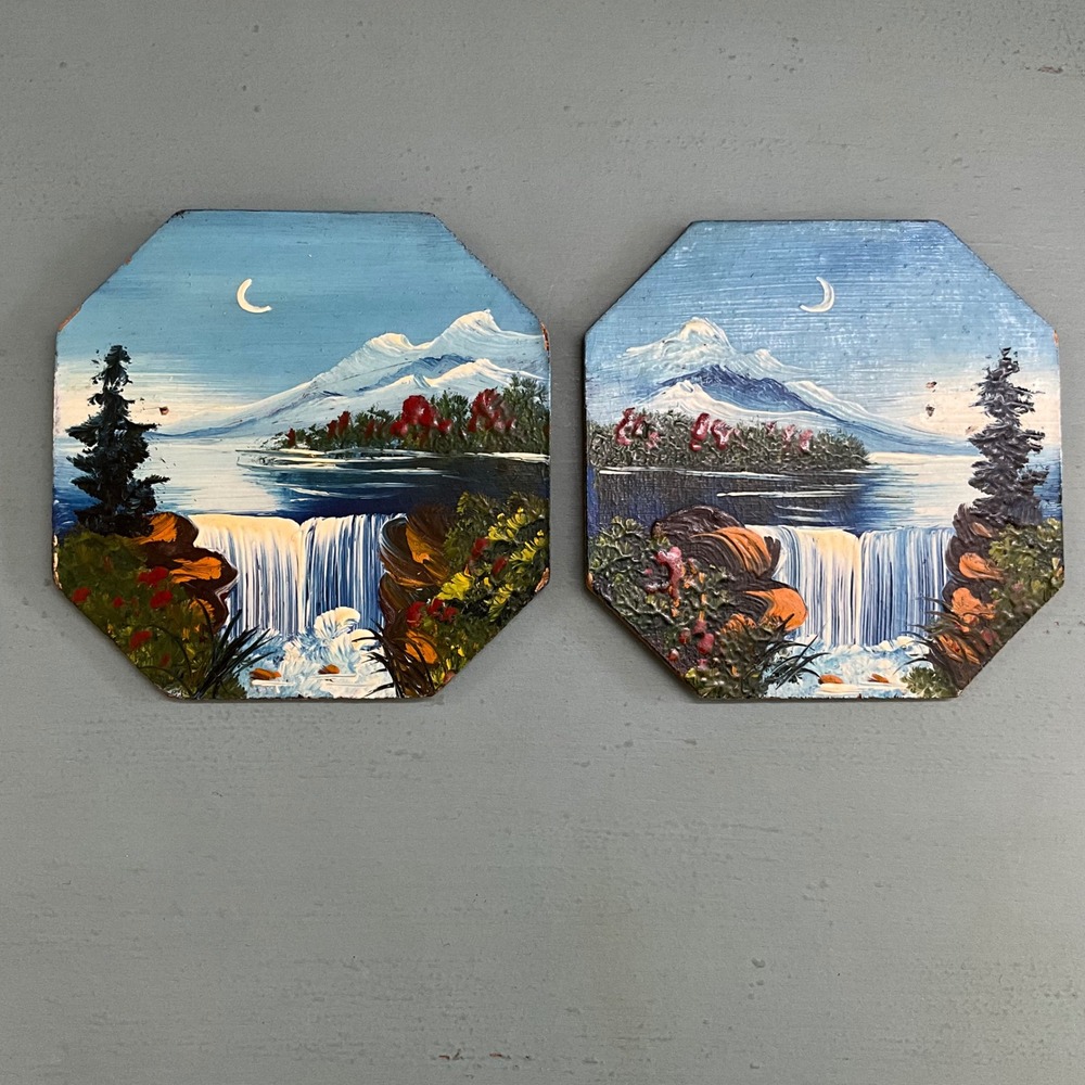 Vintage 1949 Indiana State Fair Hand Painted Mountain Waterfall Folk Art Granny